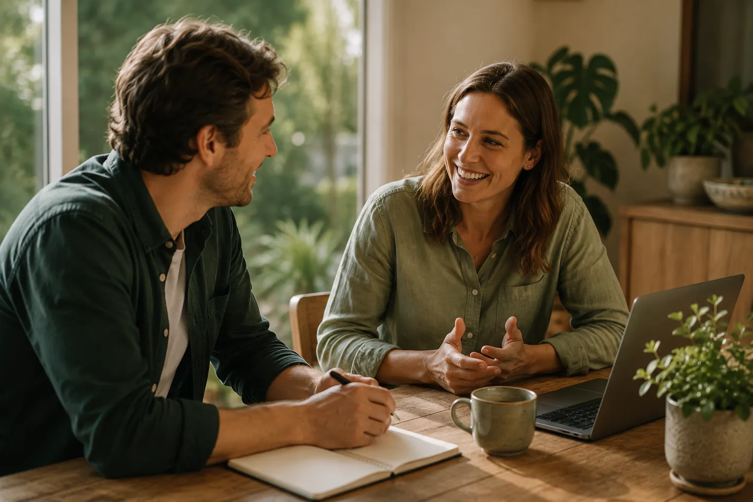 A support coordinator and practitioner working together over notes and a laptop