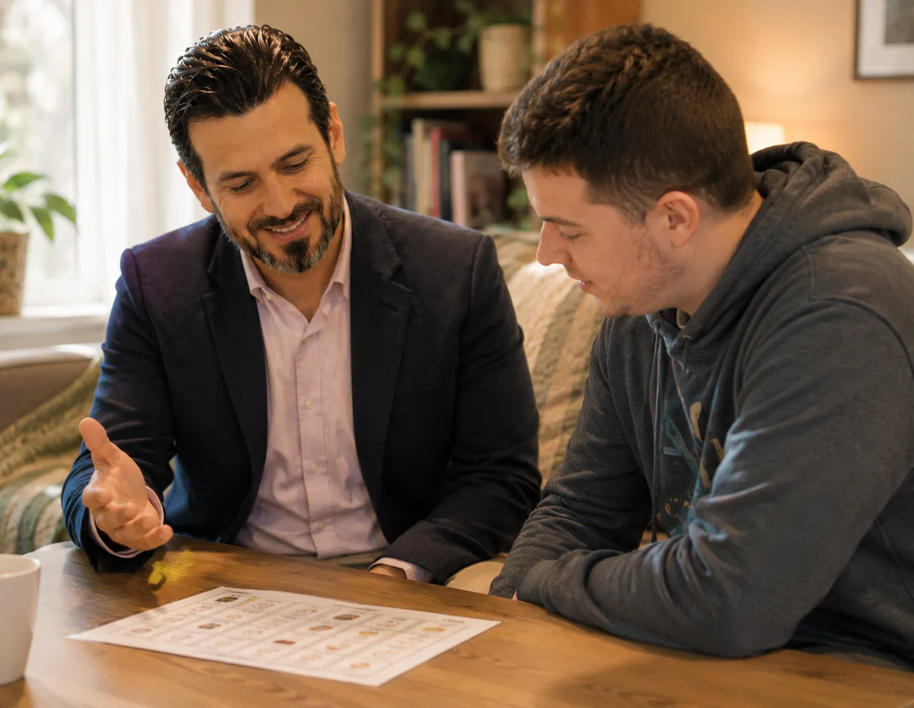 Benjamin Melody sitting with a participant, both looking at a support worksheet on the table
