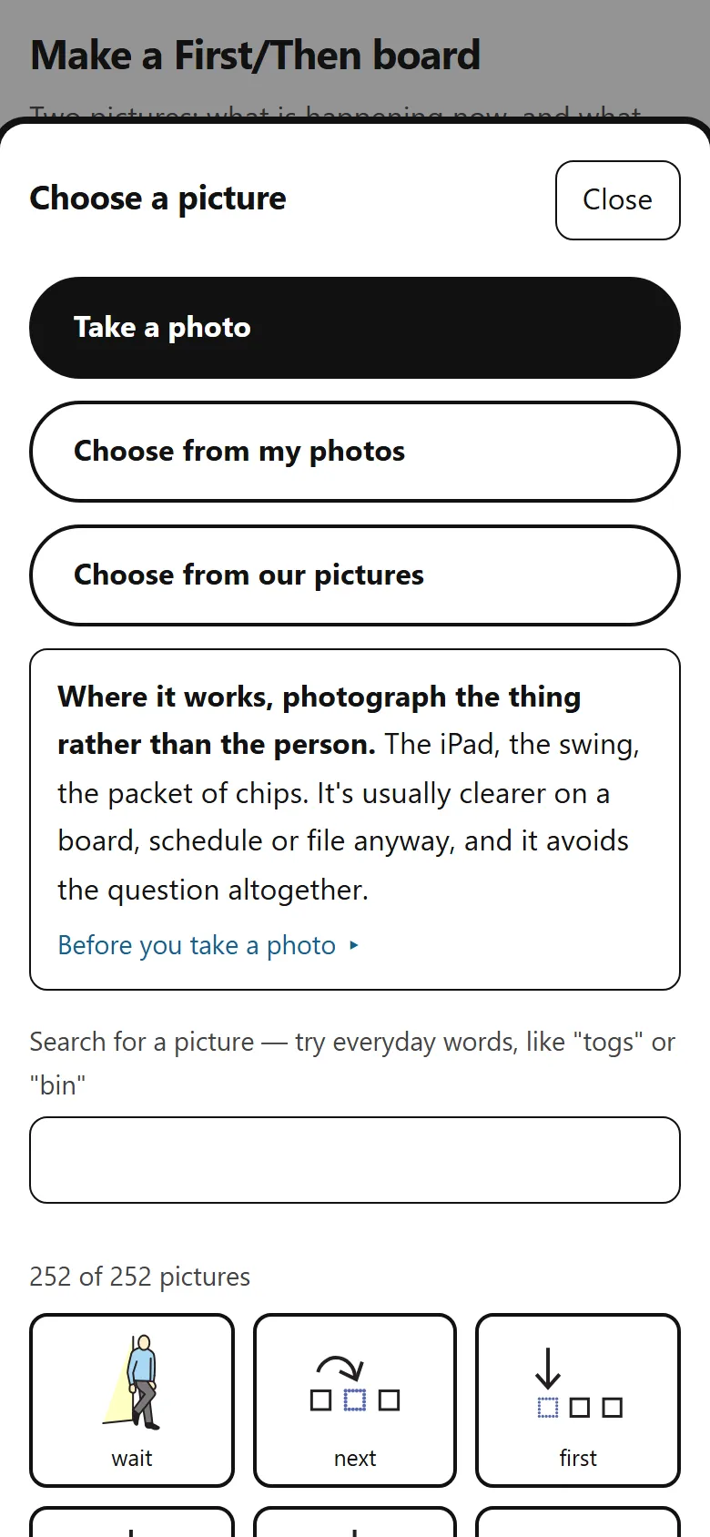 The picture chooser sheet, open at the top, showing a heading reading Choose a picture and three buttons stacked under it: Take a photo, Choose from my photos, and Choose from our pictures.
