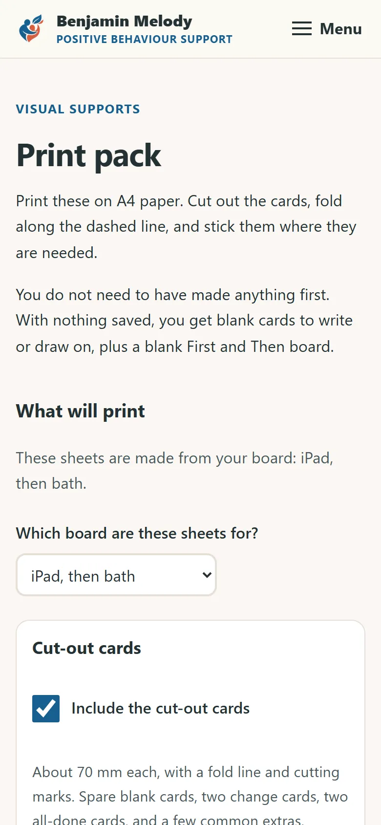 The print pack on a phone: a chooser reading Which board are these sheets for, then a section headed Cut-out cards with a tick box to include them, and a preview of the first page of cards below.
