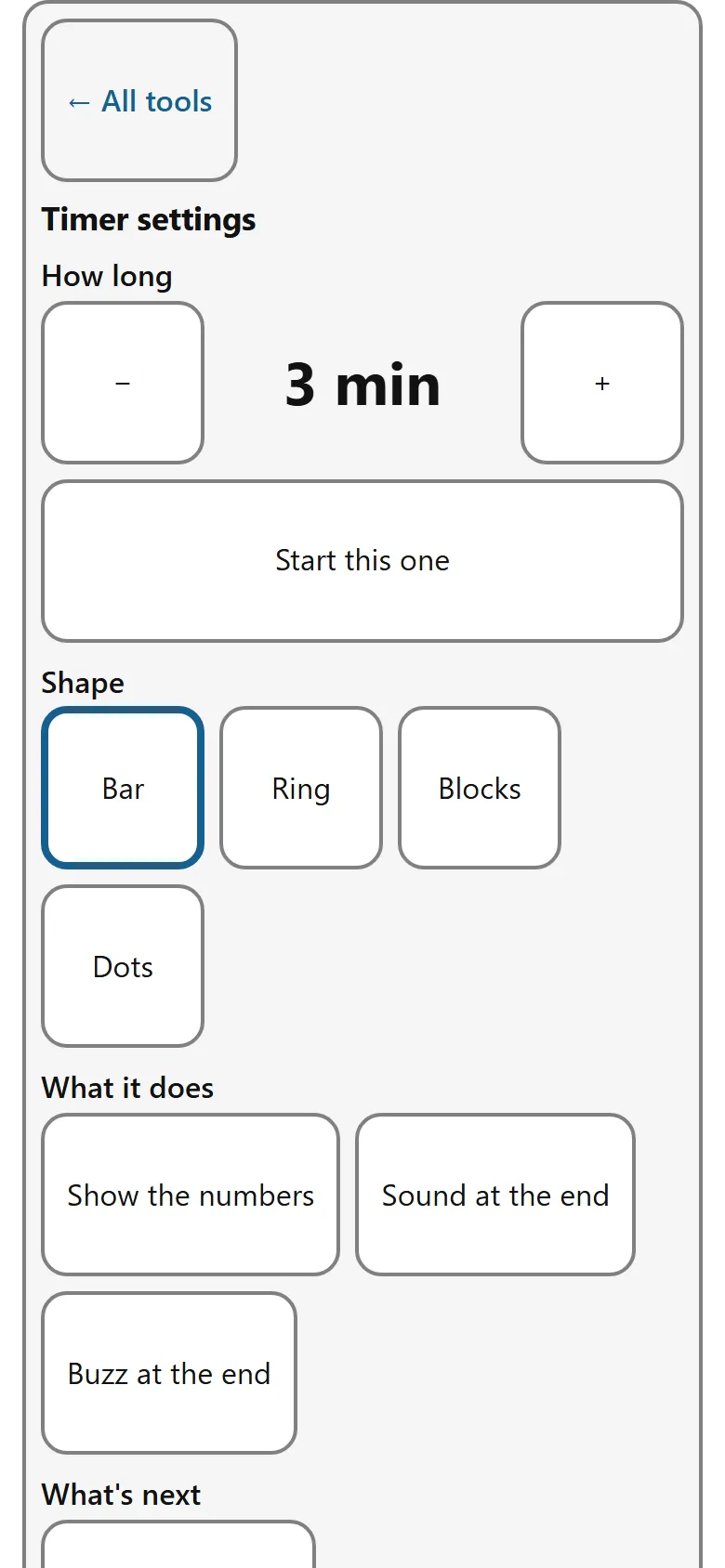 The settings panel, with a back link reading All tools at the top, then Timer settings, a How long chooser, four shape buttons named Bar, Ring, Blocks and Dots, and further options below.